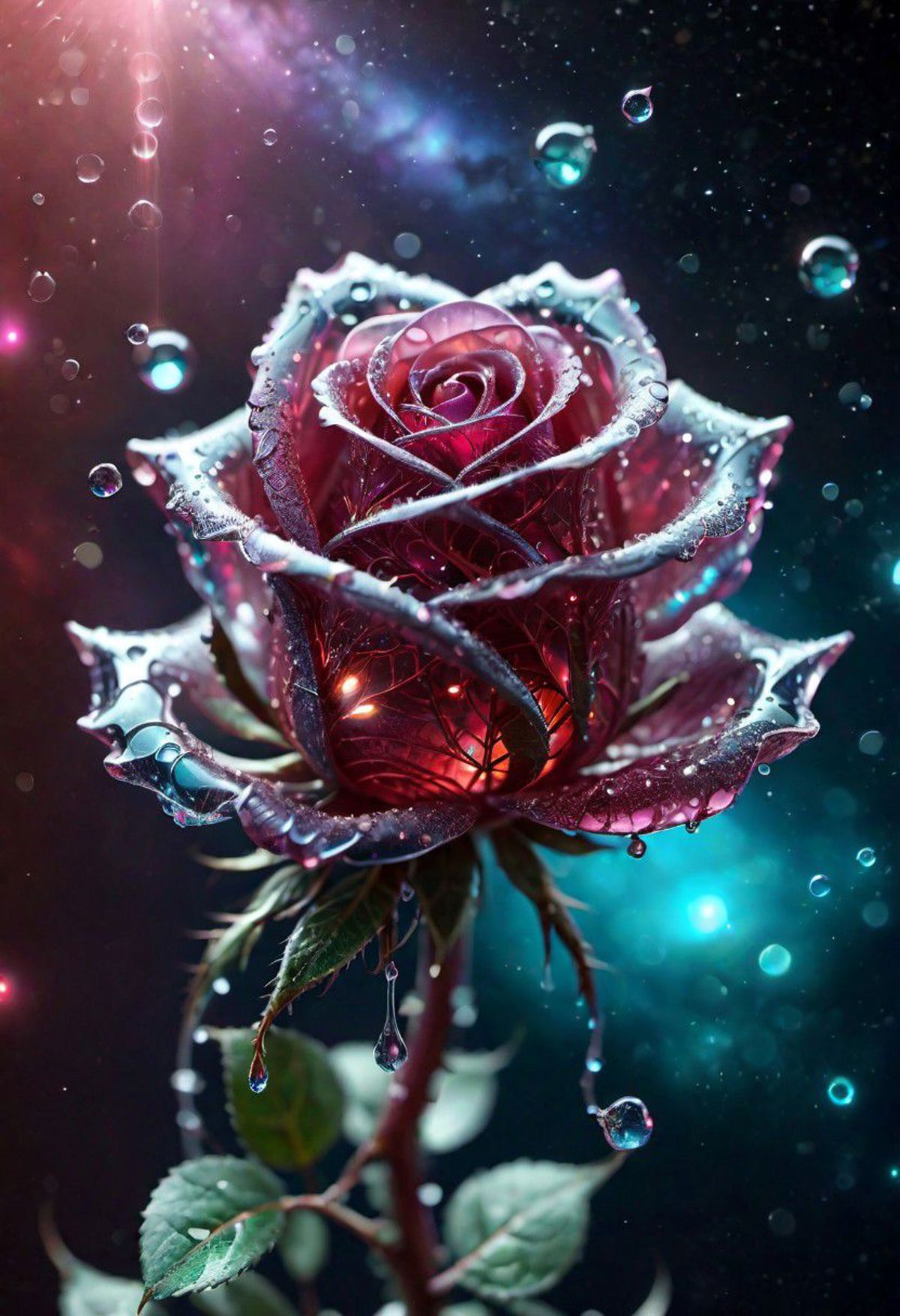 A Pink Rose with Purple and Blue Leaves in a Rainy Night Scene