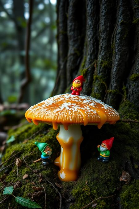 caraf, caramel mushroom in a deep and dark forest, nature, tree, moss, foliage, sweet and tasty, dreamlike image, close-up macro shot, sugar sprinkles, caramel soup, soft morning light, little colorful dwarfs looking up at the mushroom,