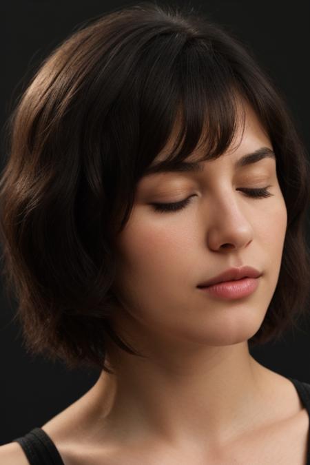 face closeup,closed eyes,beautiful girl,brunette,short hair,curly bob cut,dark theme, detailed skin, empty background