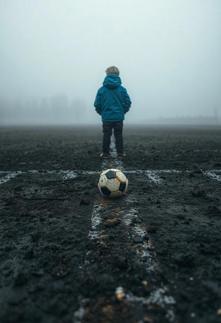 A muddy, empty football pitch under heavy fog. A worn-out ball lies alone at the center line. The camera slowly pulls back, revealing the silhouette of a child with hands in their pockets — standing still, alone. Royal blue jacket. Frosty breath visible in the cold.