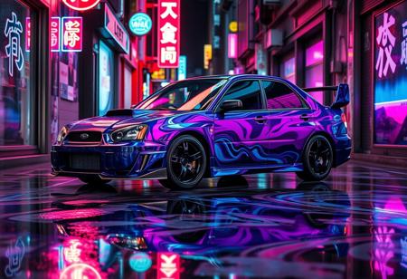 A 2006 subaru wrx sti sedan, coated in a Liquid Marble blend of deep indigo, ultraviolet purple, and electric cyan, parked in a narrow Tokyo alleyway glowing with vibrant neon lights. The wet pavement has transformed into a glossy Liquid Marble surface, swirling with reflections of neon pinks and blues, shifting like an otherworldly mirror. Neon kanji signs flicker on the walls, their distorted reflections stretching across the fluid-like ground. The chrome bumpers and round side mirrors shimmer, absorbing the ambient glow, while the black alloy wheels with polished lips contrast against the flowing, futuristic scene.