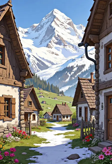 DX_Snow-Capped Mountain Village Painting_Rural Scene Generation