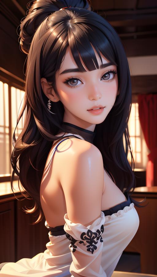 Anime-style, 3D-rendered girl with black hair and a white top.
