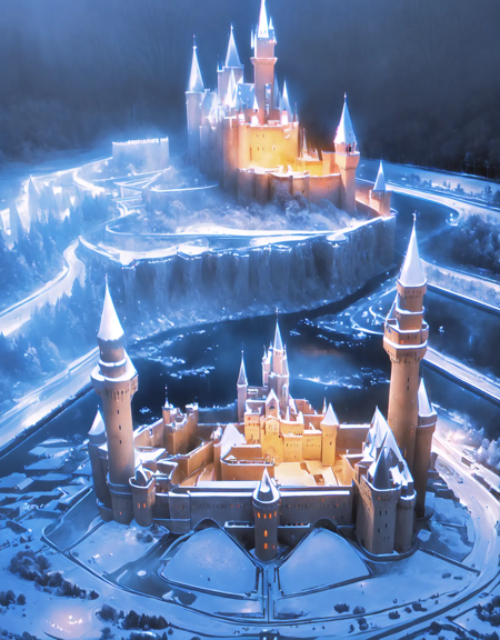 Photo of a massive snow-covered castle illuminated by ambient lights, casting a magical glow over the wintry landscape<lora:WinterCastle_v0.2:1>