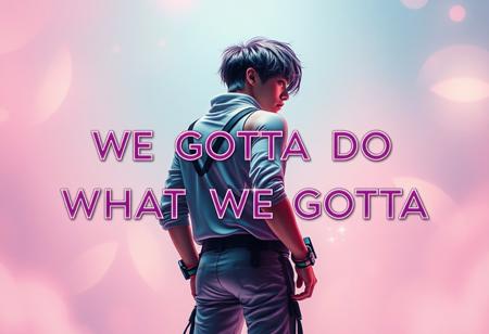 detailxl Photograph Taken on Nikon D750, Alphonse Mucha, 8K, athletic figure, Hyperdetailed, hyperrealism, Attractive,
An album cover with a vibrant, stylish aesthetic. The background features soft, pastel tones like pink, lavender, and light blue, blending to create a dreamy yet energetic atmosphere. The central focus is on a Korean Man figure standing with their back to the viewer, exuding confidence and strength. They are dressed in a trendy, futuristic outfit with wolves accents, and their hair flows slightly in the breeze. The lighting casts a soft glow around the figure, giving a radiant, ethereal effect. Surrounding them are abstract, neon shapes and subtle sparkles, adding a sense of motion and creativity. The album title "We Gotta Do What We Gotta Do" is displayed in bold, modern typography with a metallic sheen, giving it a sleek and polished feel. The overall design is youthful, dynamic, and full of vibrant energy, with a focus on individuality and confidence.