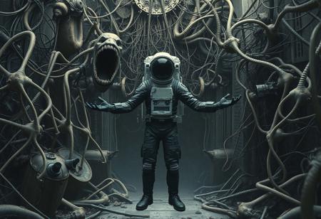 A lone astronaut stands amidst a chaotic fusion of organic and mechanical elements, enveloped in a dense web of twisted metallic and skeletal structures. The scene captures a surreal blend of sci-fi and dystopian aesthetics, reminiscent of impressionist styles with an emphasis on raw textures and dramatic contrasts. The color palette leans heavily on shades of gray and muted earth tones, interspersed with hints of glimmering silver and deep shadows, creating a haunting, otherworldly atmosphere. The astronaut, clad in a sleek, dark suit with visible intricate details, extends their arms towards the menacing tangle of wires and bones that dominate the background, hinting at a complex relationship between man and machine. The composition evokes a sense of isolation and intrigue, inviting viewers to ponder the narrative behind this eerie, mechanized environment.