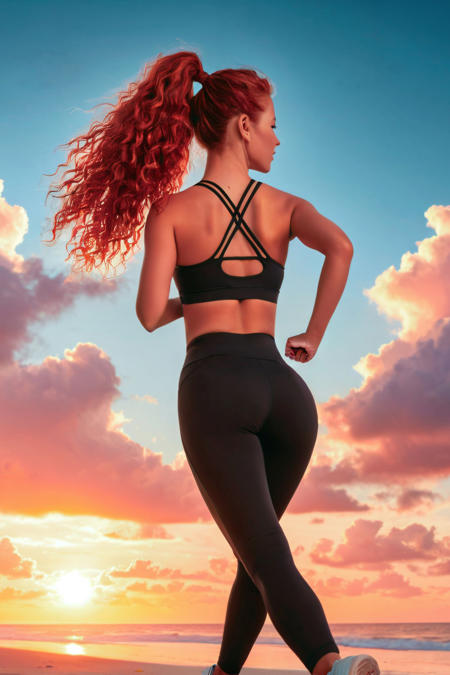 A fit and athletic young woman with long, flowing curly red hair tied in a high ponytail is jogging along a sandy beach during a breathtaking sunset. She is wearing a sleek black sports bra and matching high-waisted leggings that highlight her toned physique. The warm golden light of the sunset reflects off the ocean waves, casting a soft glow on her skin. Her dynamic posture conveys movement, with her arms slightly bent and her legs in a natural running stride. The background features a picturesque sky with fluffy, vibrant clouds in shades of pink, orange, and purple, adding depth and contrast to the scene. The composition captures her from a slightly low angle, emphasizing the energy and grace of her run. The ocean horizon stretches out, meeting the sky in a seamless blend of warm and cool tones, creating a peaceful yet invigorating atmosphere. <lora:detailed style SD1.5:0.6> detailed style, <lora:perfection style SD1.5:0.75> perfection style, <lora:wowifierV3:0.24> mooncryptowow