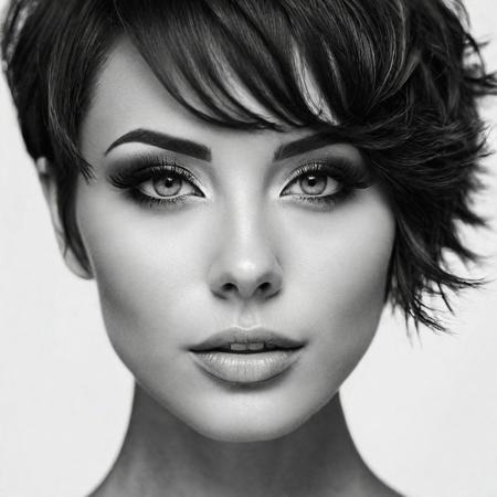 ultra sharp portrait photography of a beautiful woman with short feminine hair, ultra detailed, detailed eyes, black and white, high contrast  ar 3:5