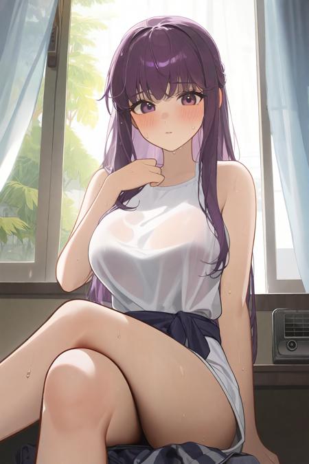 flat-pasto, by antifreeze3, 1girl, fern \(sousou no frieren\), cowboy shot, close up, face to viewer, indoors, purple hair, blush, sitting crossed legs, large breasts, white shirt, sweaty, see-through, best quality, detailed, beautiful, window, curtains, air conditioner, bare arms, hot, summer