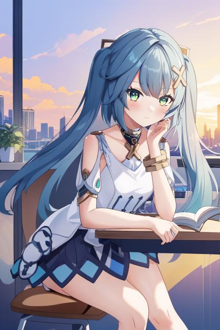 1girl, ((looking afar)),sunset,(city), sitting on desk,(highres, masterpiece, best quality, ultra-detailed 8k wallpaper, extremely clear)