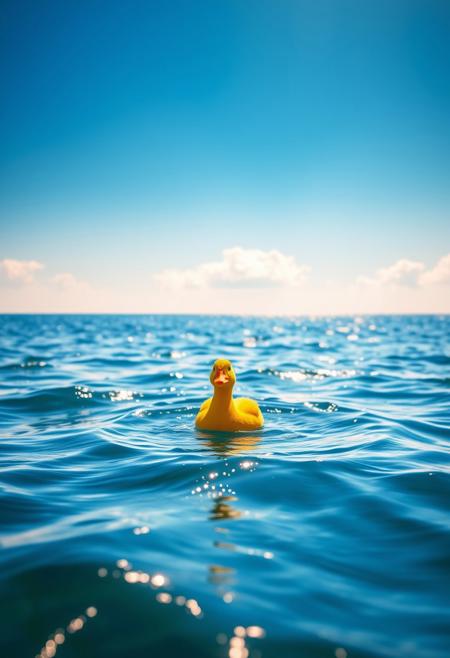 A vibrant yellow duck floats confidently on a vast, shimmering sea under a bright blue sky. Gentle waves ripple around it, reflecting the golden sunlight. In the distance, a faint horizon line blends with fluffy white clouds, creating a serene yet playful scene.