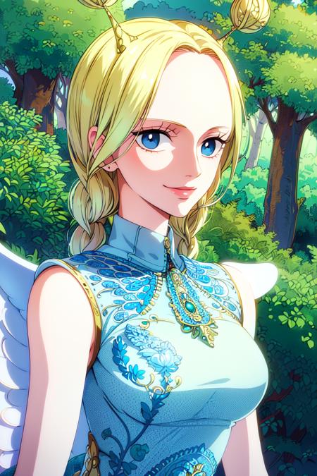 masterpiece, ((ultra detailed background, delicate pattern, intricate detail)), (highly detailed, fine details), best quality, beautiful lighting, ((medium breasts, slim girl)), Conis, 1girl, solo, blonde hair, wings, twin braids, smile, dress, blue eyes, bun, complex detailed background, blue sky, grass, trees, nature environment, (close-up, portrait),   <lora:Conis:0.75>