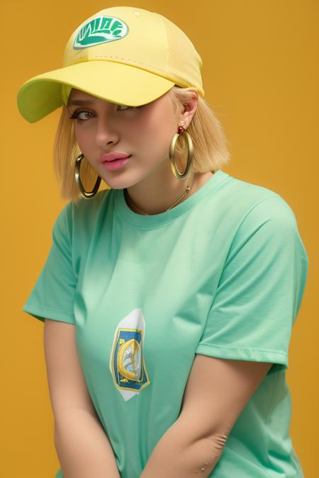 masterpiece, best quality, 1girl, aqua eyes, baseball cap, blonde hair, closed mouth, earrings, green background, hat, hoop earrings, jewelry, looking at viewer, shirt, short hair, simple background, solo, upper body, yellow shirt  