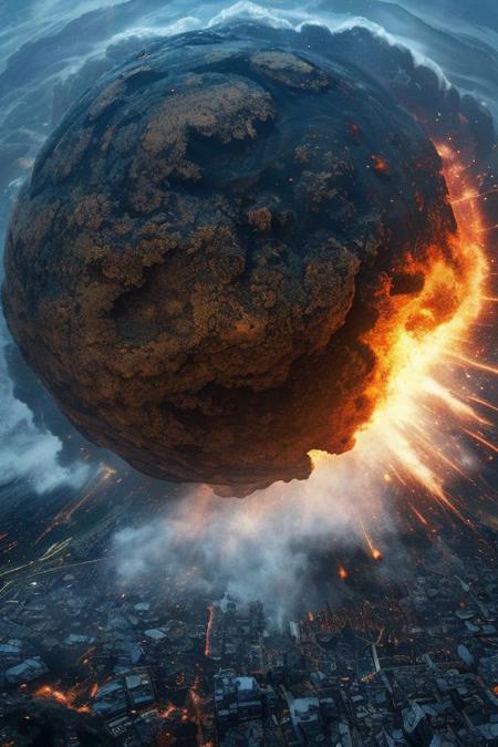 best quality, masterpiece, 8k, absurd detail, dream-like world, 
Earth, hit by a giant asteroid, The explosive moment of impact. The shockwave and the giant tsunami cleansing the planet. From above.
(elaborate atmosphere:1.4)