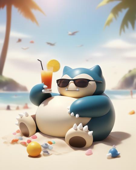 Snorlax at beach, sunglasses, holding cocktails.
 <lora:snorlax_v0_2:0.8>