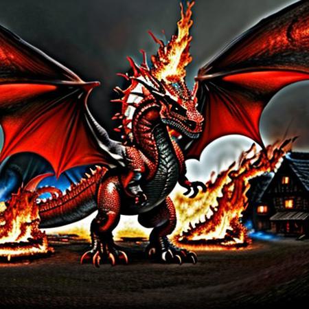 red Dragon, raning fire on a village