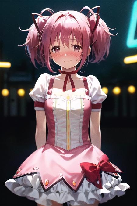 (mahou shoujo madoka magica,
kaname madoka:1.2),
tareme,
big eyes,
choker,
(bare neck:1.1),
pink frilled dress,
white line,
short twintails,
pink hair,
red ribbon,
high detailed dress,
big smile,
anime,
realistic,
high detailed eyes,
perfect anatomy,
(masterpiece,
best quality,
high detailed:1.4),
8k,
cg.
wallpaper,
cowboy shot,
1girl,
solo,
pov,
standing,
chests lift,
looking at viewer,
arms behind back,
embarrassed,
(very prominent blush:1.4),
(side diagonally down view),
(dark night,
neonsign:1.4),
outdoor