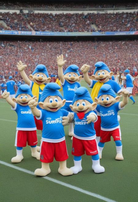 A highly detailed 3D image of energetic Smurfs (Schtroumpfs) dressed in official jerseys of the Espérance Sportive de Tunis (Taraji) football team. Each Smurf wears the bright red and yellow striped jersey with matching shorts, looking lively and full of energy. The Smurfs are posed triumphantly, making energetic victory signs with their hands, their blue faces beaming with joy and excitement. The scene is set in a football stadium, with the background showing blurred stands full of cheering fans. The Smurfs appear fully immersed in the celebratory atmosphere, exuding confidence and team spirit. The lighting is realistic, highlighting the Smurfs' expressions and detailed jerseys, creating a vibrant, victorious atmosphere