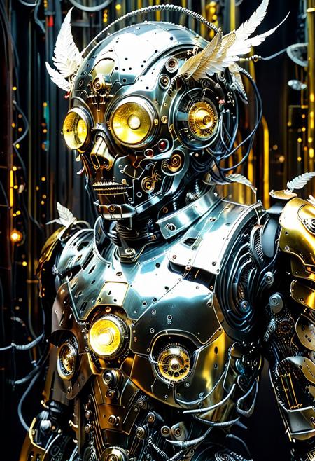 A highly detailed, science fiction, chest-up shot of a black and gold masculine robot with a silver (Bird shaped mask:1.2) head and (large, round) glowing golden eyes, set against a vivid, neon-drenched cyberpunk background. The feather-shaped silver armor around the head is elegantly opened, revealing tangled, lifelike cables and pulsating mechanical parts, an unnerving glimpse beneath the surface. The robot is adorned with shimmering platinum armor plates that shimmer like stained glass under moody, surreal lighting, blending high-tech design with a strange, magical opulence. Hints of inky, organic veins pulse beneath the reflective surfaces, creating a surreal fusion of machine and decaying myth. The glowing eyes flicker like lanterns in a haunted dream, and faint phantom reflections, vague, human-like shadows, flicker across its mirrored chestplate. The scene evokes a colorful, surreal atmosphere with subtle macabre undertones—as if this machine were a relic from a fractured dream or a deity from a lost, digital afterlife. The backdrop pulses with deep hues and cinematic fog, suggesting a world both vividly alive and quietly unraveling.
(highly detailed, highest quality:1.3) mcnm, ArsMJStyle, cyb0rg, lazypos