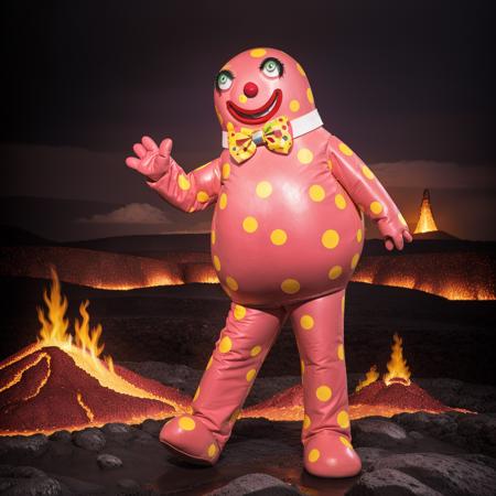 RAW photo, analog style, Mr_Blobby, solo, full body, in a volcano, lava, magma <lora:Mr_Blobby:0.65>, masterpiece, 8k, highly detailed, ((HDR))