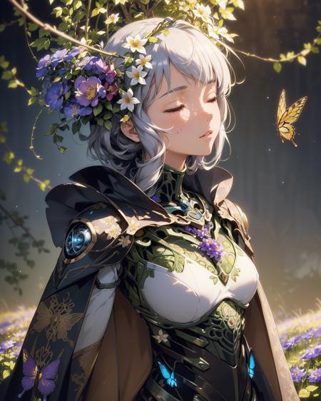 (masterpiece:1.1), (highest quality:1.1), (HDR:1.0), (1mechanical girl), (closing eyes), mechanical arms, upper body, ultra detailed, highly detailed, cinematic lighting, intricate details, colorful butterflies, (flowers growing on the mechanical body), (vines connecting to body), (detailed damaged cape), mecha, robot, detailed shiny armor, (warm light), (specular light:1.2), (flower field background:1.4), (glowing runes),