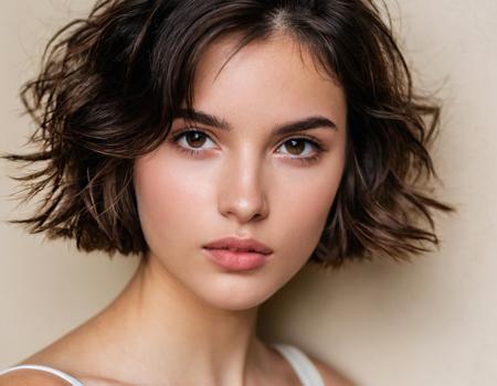 photo of a young woman with short, tousled dark hair. She has fair skin and captivating dark eyes, brown eyes, perfecteyes. The face has a soft, oval shape with slightly angular cheekbones. The nose is straight with a delicate bridge, and the tip is slightly rounded. The lips are full, with the upper lip showing a defined cupid's bow. The lower lip is slightly fuller than the upper one. She has a smooth, fair complexion 
