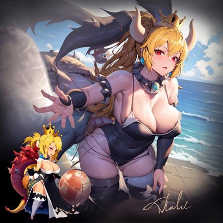 black background,
(masterpiece),(best quality),(detailed),(1 girl),bowsette,large breasts,nipple,beach,looking at viewer,beautiful red eyes,taiwanDollLikeness,
simple background,