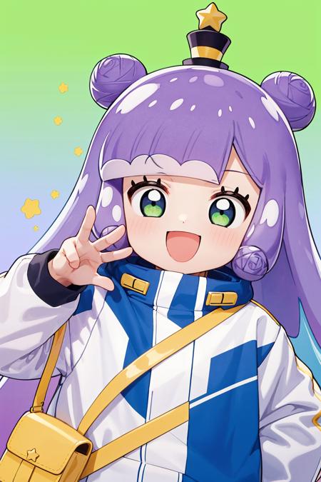 puniru,petite,child,slime girl,light purple hair,long hair,grey gradient hair,multicolored hair,blunt bangs,double bun,blue hair,green eyes,star (symbol),mini top hat,jacket,shorts,sneakers,shoulder bag