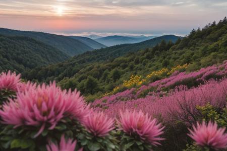 raw photo, a sunset landscape, Carpathian mountains valley temperate forests, Poland forest,  cozy, photorealistic, high detailed texture, 8k uhd, dslr, soft lighting, high quality, film grain, Fujifilm XT3, Sony A7 IV, highly detailed photography, (muted colors, cinematic, dim colors, soothing tones:1.2), vibrant, insanely detailed, hyperdetailed, (dark shot:1.2), (vsco:0.3), (intricate details:0.9), (hdr, hyperdetailed:1.2) (highest coherency: 1.39) (highest quality: 1.39) (rule of Thirds) (award winning) (breathtaking) (masterclass) (vibrant color: 0.79) (foggy: 1.09) (distant hillside) (spring flowers) (sharp focus forground) (detailed flower: 1.39)
