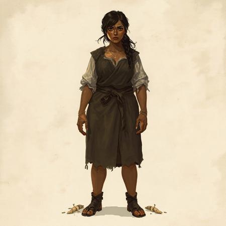 Highly detailed illustration, pixel art style inspired by old 1980s Japanese fantasy RPG covers. A strong, earthy woman stands proudly, centered against a background of parchment white and faint ink stains. She is 1.65m tall but her posture adds invisible height, her weight anchored like a tree planted by force of will. Her skin is rich toasted cinnamon, with a natural sheen of work and vitality. She has a full, firm body shaped by a lifetime of rural labor: wide hips, thick strong thighs, a solid, generous bust (but not exaggerated or caricatured), a firm belly, and powerful arms. She radiates vitality, resilience, and warmth. Her hair is dark brown, falling in untamed waves to her shoulders, loosely tied but wild. Her face is expressive, with full lips, fierce dark coffee eyes, and eyebrows that suggest she is always ready to laugh, judge, or fight. She wears simple, functional clothing: thick wool skirts, linen shirts, and aprons, in muted earthy colors (grays, ochres, faded greens). Hands roughened from work but graceful. She does not pose for beauty; she stands with the gravity of land that has survived storms. Her expression says "I know more than you think." The atmosphere is rustic, powerful, organic, raw. Lighting is soft and dusty, colors are muted and aged, no shiny modern colors. The whole scene evokes the smell of woodfire, fresh bread, and hard-earned peace. The focus is on dignity, strength, femininity rooted in reality, not fantasy idealization.