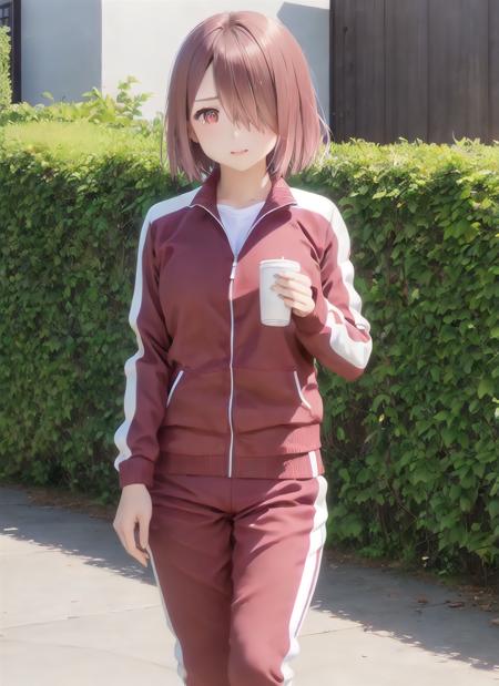 masterpiece, best quality, high quality, 1girl, solo, <lora:hoshinoMiyakoWatashiNi_v30:1>, hoshino_miyako, 1girl, solo, red eyes, short hair, red hair, hair over one eye, track pants, white shirt, t-shirt, track jacket, outdoors, day