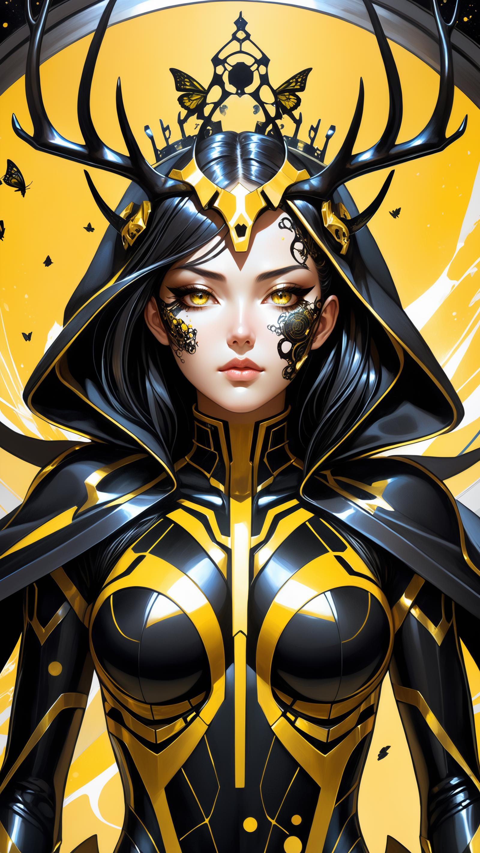 Anime-style character with black hair, gold and black armor, and yellow background.