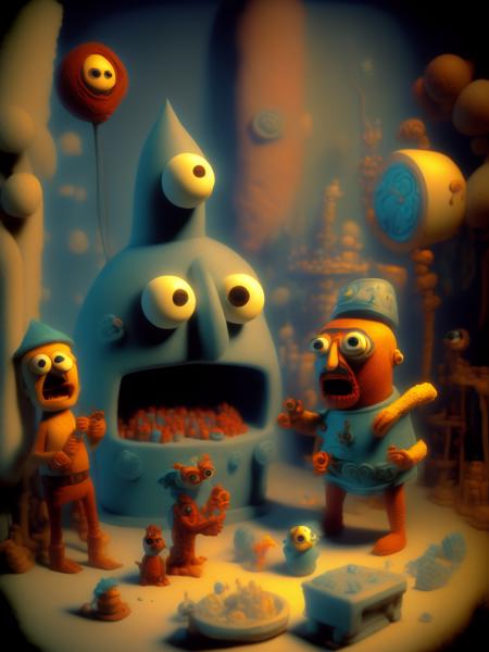 <lora:CLAYMATION:1>1960s claymation still, photo realistic, Gumby style, atlantis