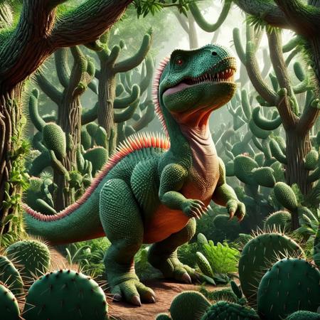 Dinosaur, nature background, trees, best quality, best lighting, foliage,   <lora:Prickly Pear Style v1:1>, Prickly Pear Style,
