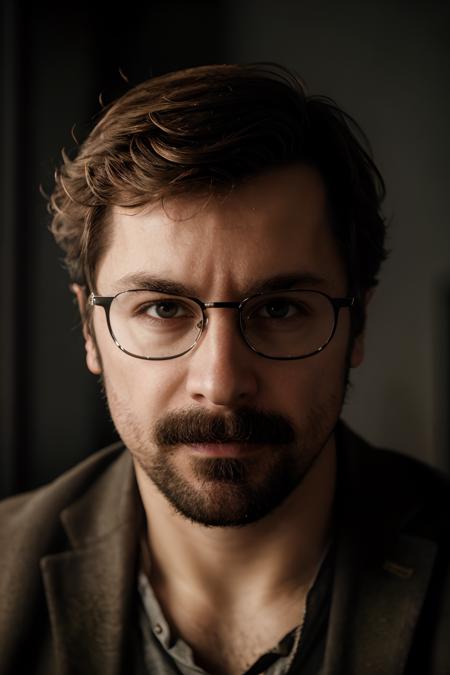 (8k, RAW photo, highest quality), MikeWozniak, close up, glasses, beard, (detailed eyes:0.8), defiance512, (looking at the camera:1.4), (highest quality), (best shadow), intricate details, interior, dark studio, muted colors <lora:MikeWozniakLora:1>