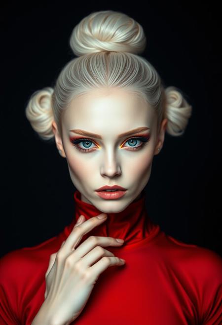 symmetrical front view, medium shot, dark photo, a evocative medium shot of a beautiful albino woman, beautiful makeup, ballet dancer bun hairstyle, futuristic red clothes