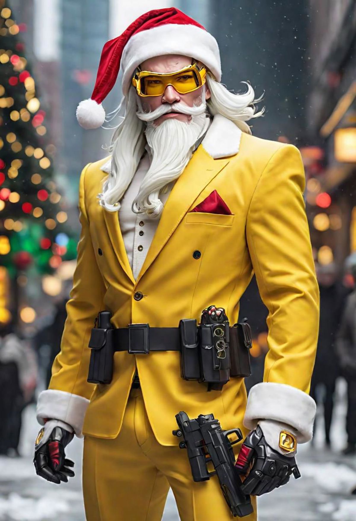 A man dressed in a yellow suit and a Santa hat holding a gun.