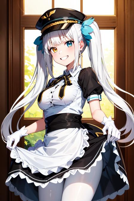 masterpiece, best quality, highres, hmmea, twintails, hair ribbon, blue ribbon, heterochromia, hat, peaked cap, frills, neck ribbon, black ribbon, medium breasts, black dress, puffy short sleeves, black sleeves, white gloves, white apron, white pantyhose, <lora:kagura_mea_v1:0.7>, (skirt lift:1.3), grin, smile, standing, indoors,