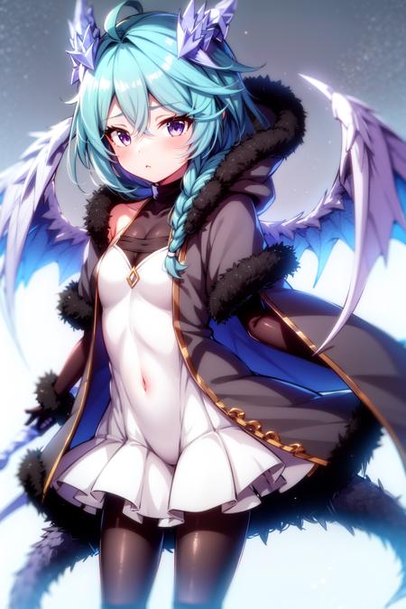 fur trim, wings, fur-trimmed coat, fur-trimmed jacket, fur collar, fur-trimmed hood, fur-trimmed gloves, fur-trimmed cape, fur-trimmed sleeves, fur-trimmed dress, fur, fur cape, blue wings, feathered wings, white wings, fur coat, simple background, fur-trimmed capelet, braid, fur-trimmed cloak, pantyhose, white background, feather boa, solo, gloves, purple eyes, fur-trimmed boots, ice, weapon, blue hair, holding, looking at viewer, male focus, dragon wings, dress, black legwear, long hair, white dress, ahoge, horns, black gloves, holding weapon, fur-trimmed legwear, eyebrows visible through hair, detached wings, 1girl, multicolored wings, 1boy, fur scarf