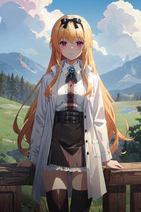 (masterpiece, best quality:1.4), looking at viewer, cowboy shot, smile, blush, yue, blonde hair, long hair, red eyes, blue brooch, white shirt, black skirt, black thighhighs, ribbon, labcoat, bow, hairband, hair bow, outdoors, <lora:yue_v1:0.7>