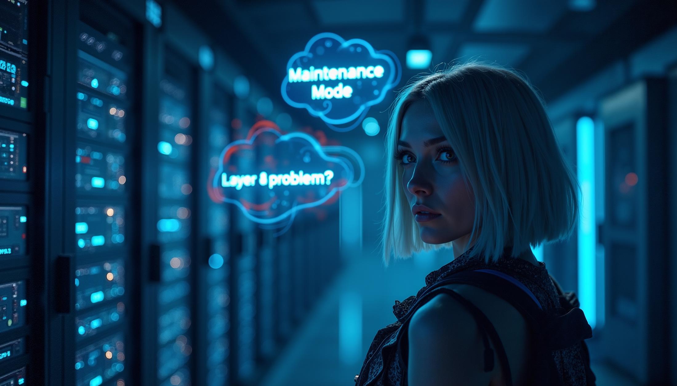 masterpiece, best quality, higres, high detail, depht of view, cyberart. futuristic scene inside a server room, filled with advanced, glowing computer servers and high-tech gadgets, holograms with "Maintenance Mode" on server, a woman stands in a server room, woman have thoughtsbubbel over her head with the text "Layer 8 problem?", womand have a traumatized face, a server is smoking because of overheating, woman have questioning facial expression, neonlight, upper body, rim light, womand close on face and looking at viewer, woman have bobcuthairstyle, woman have futuristic clothes, silver hair,