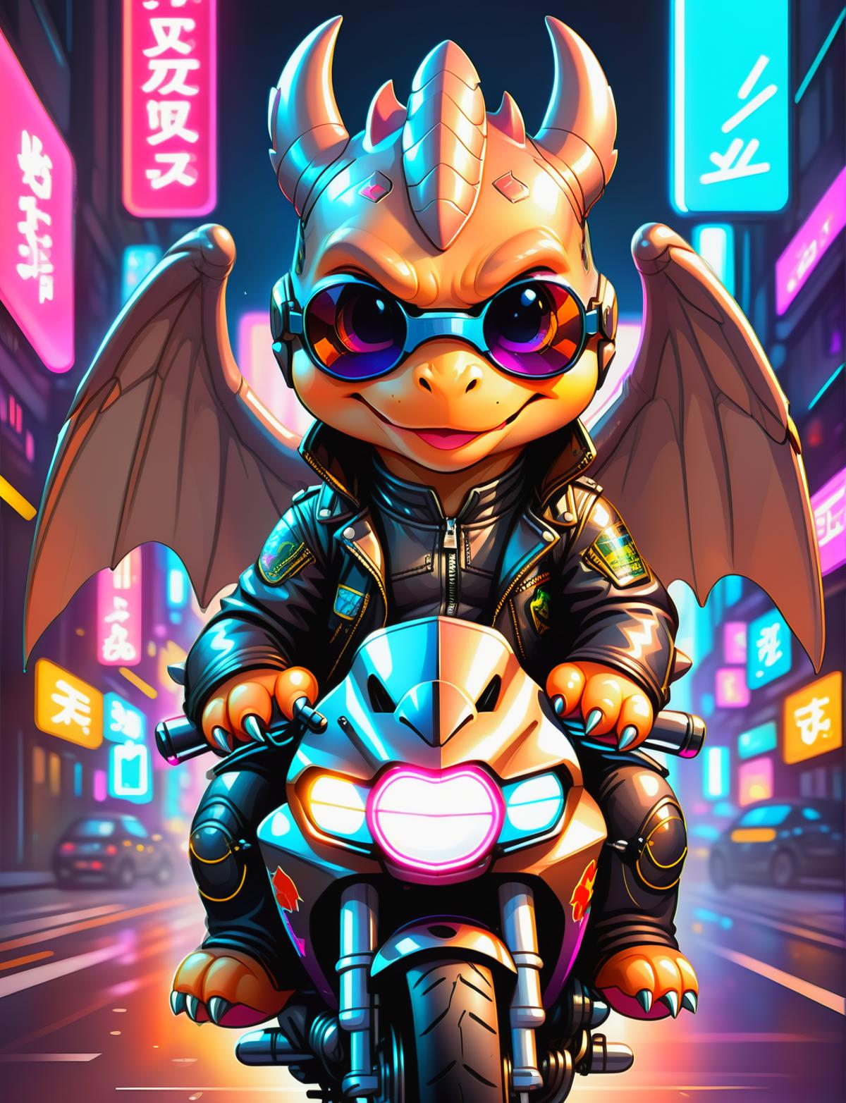 A dragon-like creature riding a motorcycle with sunglasses on.