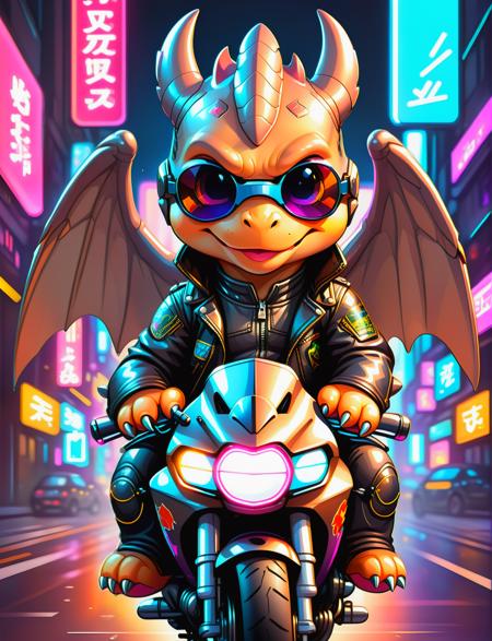 <lora:SDXLCutePets:1> cutepets, an adorable super cute kawaii cyborg Charizard, symmetrical wings, cyberpunk, wearing sunglasses, leather jacket, riding a motorcycle,  high quality, digital art illustration, neon city background