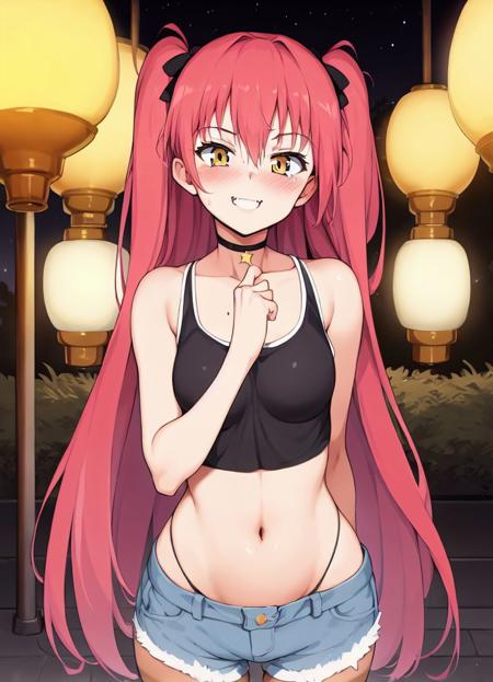 masterpiece,1girl, <lora:kyockcho-34:1> kyockcho, outdoors, street, lantern,night, stars, red hair, twintails, very long hair,yellow eyes, grin, fang, blush, tank top, denim shorts, midriff, thighhighs, hands in pockets, choker, tan,