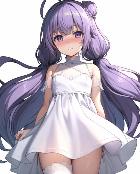 best quality,highly detailed,masterpiece,ultra-detailed,solo,1girl,(white background:1.5),(Delicate eyes),unicorn_\(azur_lane\),white dress,standing,purple_eyes,purple_hair,hair_bun,ahoge,nose blush, low twintails, backlighting,