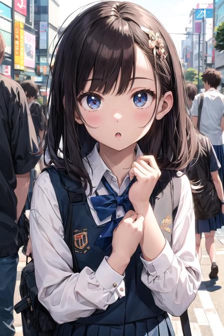 insanely detailed, absurdres, ultra-highres, ultra-detailed, best quality,1girl, solo, 16 years old, nice hands, perfect hands, BREAK, (wearing school uniform), happy smile, laugh, open mouth, (:o:1.3), cute pose, cowboy shot, BREAK, slender, kawaii, perfect symmetrical face, ultra cute girl, ultra cute face, ultra detailed eyes, ultra detailed hair, ultra cute, ultra beautiful, by Canon EOS, SIGMA Art Lens 35mm F1.4, ISO 200 Shutter Speed 2000, in harajuku, shibuya, tokyo, street, crowd, cityscape <lora:smallcirclemouth_v100:1>