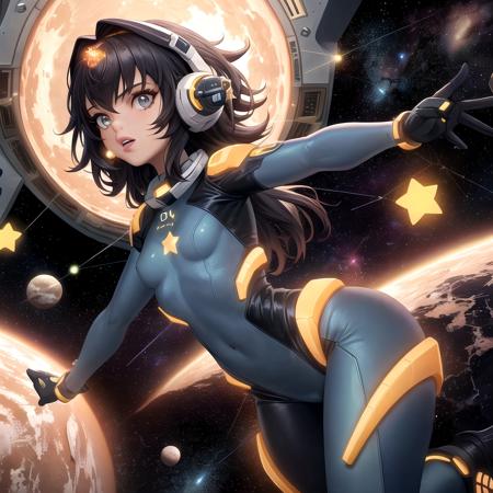 cosmic female in space, small breasts, futuristic bodysuit, stars, constellation, masterpiece