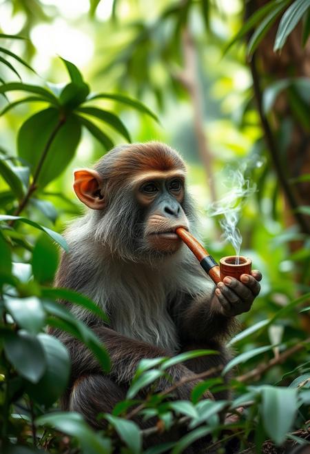 a wise monkey smoking a gandalf pipe in a jungle