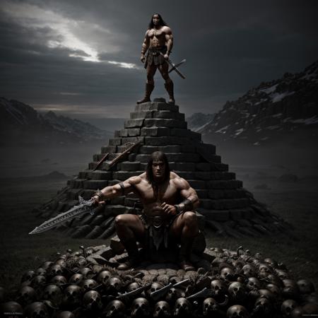 Hyperrealistic art of  <lora:Conan the Barbarian SD1.5:1.2>
Conan the Barbarian an epic photo of a man standing on top of a pile of skulls, Extremely high-resolution details, photographic, realism pushed to extreme, fine texture, incredibly lifelike