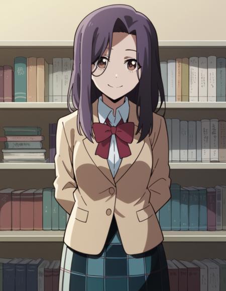 erena fujisawa, long hair, black hair, brown eyes, purple hair, parted bangs, sidelocks, medium breasts, skirt, school uniform, jacket, pleated skirt, bowtie, red bow, plaid, plaid skirt, blazer,